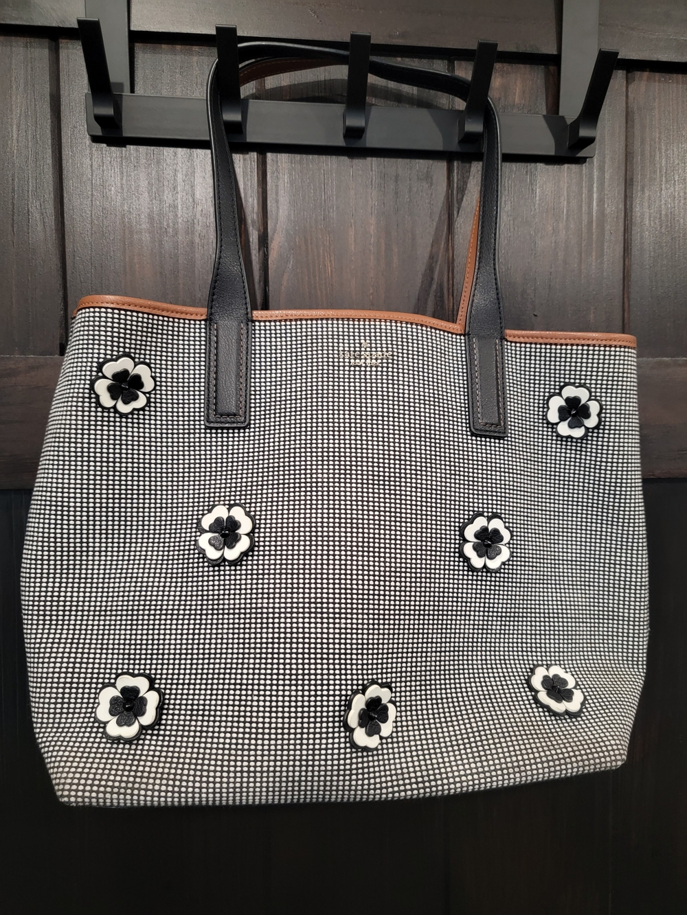 kate spade Black & White Floral Appliqué Tote with Brown Trim